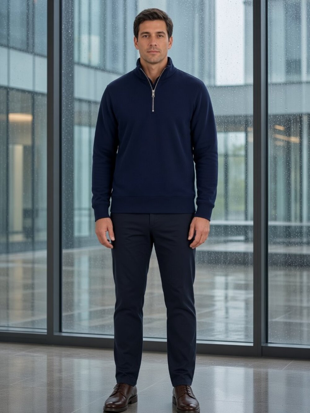 The Men's Store Men Navy Blue Classic Half Zip Fleece Pullover Sweater US L